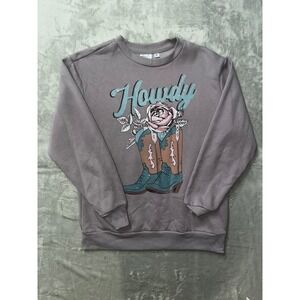 Mighty Fine Howdy Cowboy Boots Rose Graphic Sweatshirt Mauve Purple MD